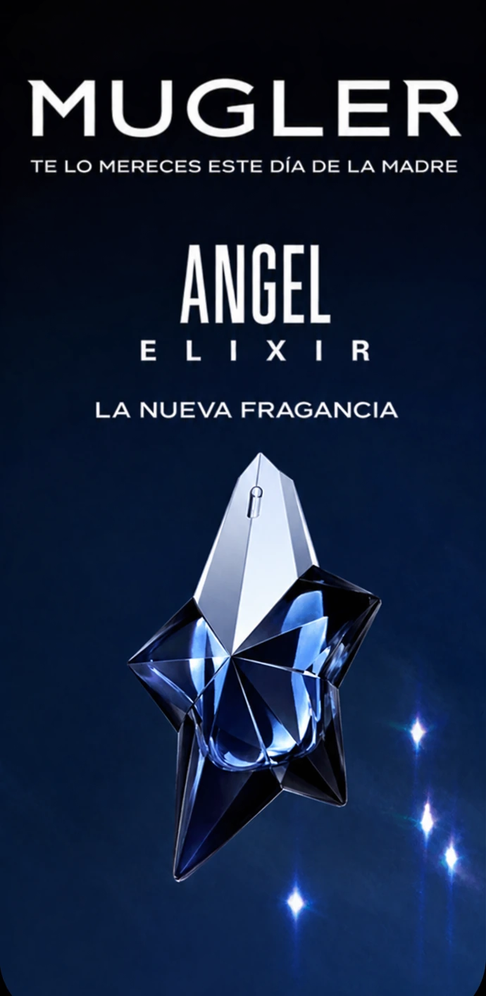 Anuncio de la fragancia Angel Elixir de Mugler dentro de un teléfono.