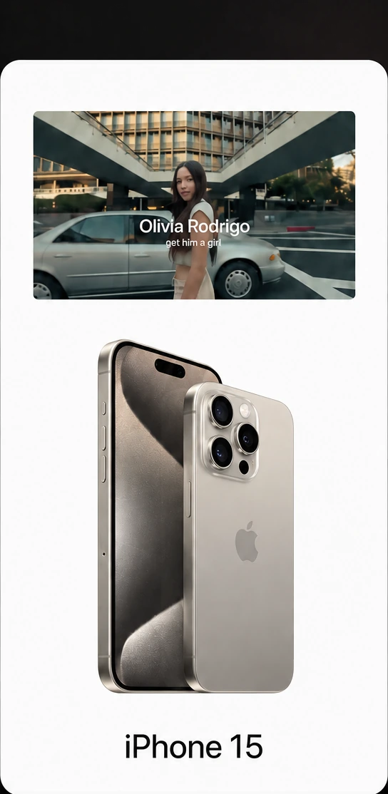 Anuncios de un video de Olivia Rodrigo y del iPhone 15 dentro de un teléfono.